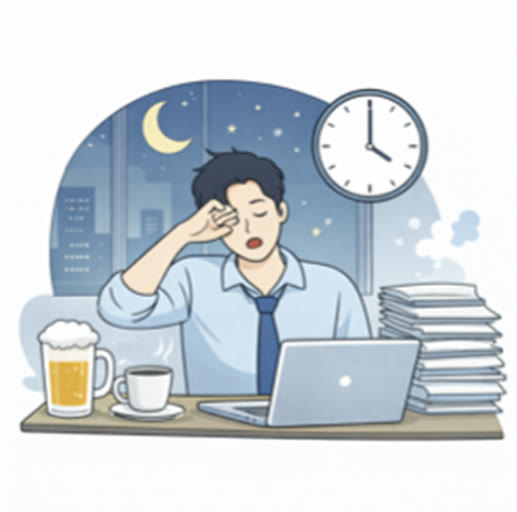 늦은 밤 사무실에서 지친 직장인 일러스트