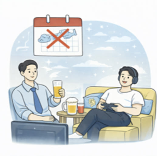 회식 일정에 X 표시를 하고 집에서 쉬는 사람들 일러스트