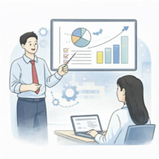 차트를 보며 발표하는 직원 일러스트